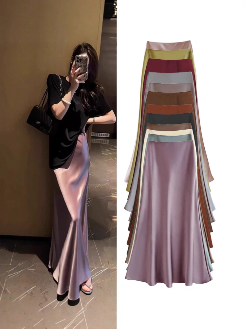 Юбка из эластичного атласа, драпированная, для женщин, весна и лето, высокая талия, юбка с хвостом, длинная юбка, A-образная юбка