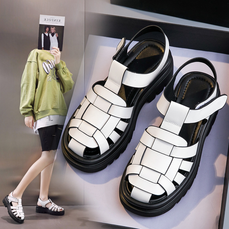 2025 Women's Shoes Retro Breathable Thick-Soled Woven Roman Toe Shoes with Velcro Sandals for Women, Lightweight and Comfortable for Summer