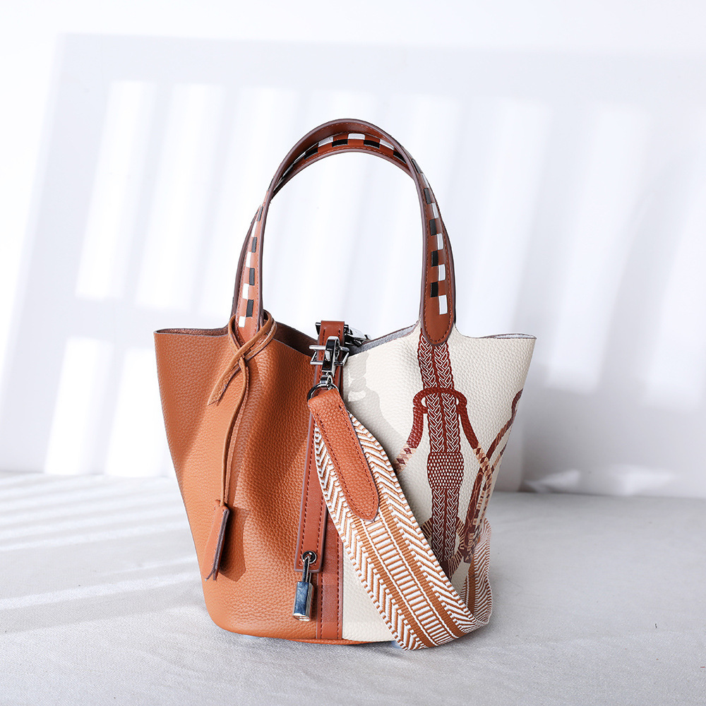 Top Layer Cowhide Painted Vegetable Basket Women's Handbag Adjustable Shoulder Strap Genuine Leather Women's Bag