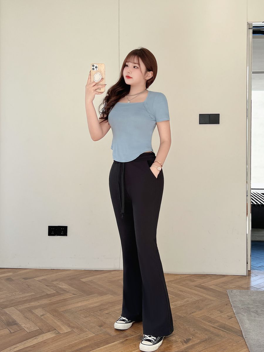 Runqi N8658 plus overhaul leg cut micro horn floor stretch small black pants wholesale large size women's pants