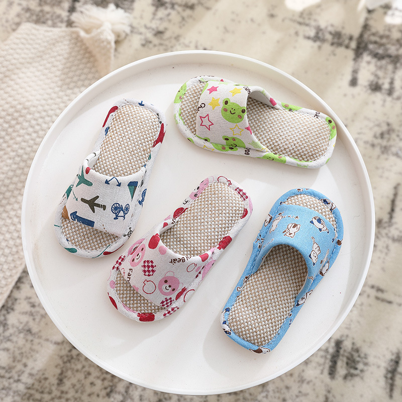 New Four Seasons linen slippers children's simple cartoon cute boys and girls home indoor non-slip sweat-absorbing