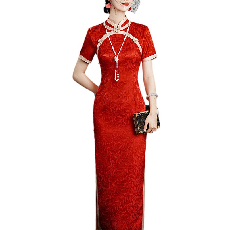 Summer 2023 New Double-sided Jacquard Satin Cheongsam Dress Three-sleeved Long Modified Side Eight-button Double-layer Cheongsam