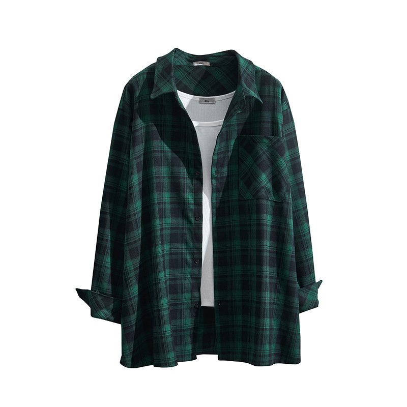 Spring and Autumn chubby girl extra large size Korean style loose brushed plaid shirt 240kg plus size plus size long sleeve top S5214