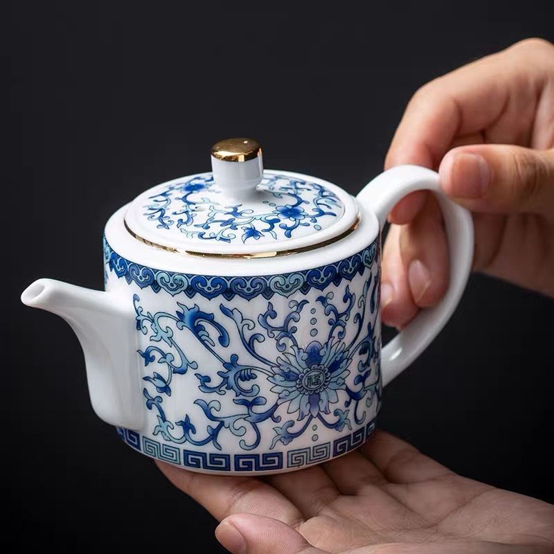 Чайник синий и белый, чайный кувшин, китайская винтажная керамика, эмаль, кунг-фу набор