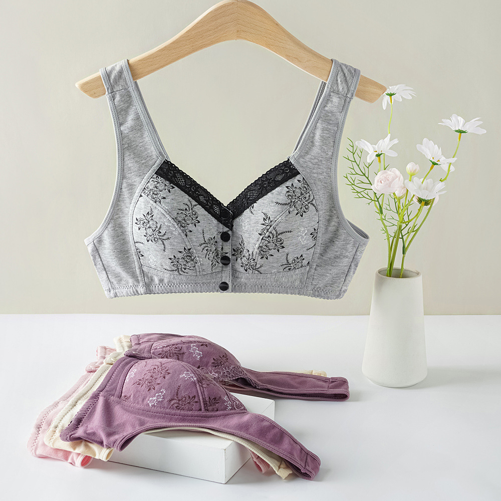 Moulding Cup Front Buckle Middle-aged and Elderly Underwear Women's Printed Wide Shoulder Strap Vest Style New plus size Bra