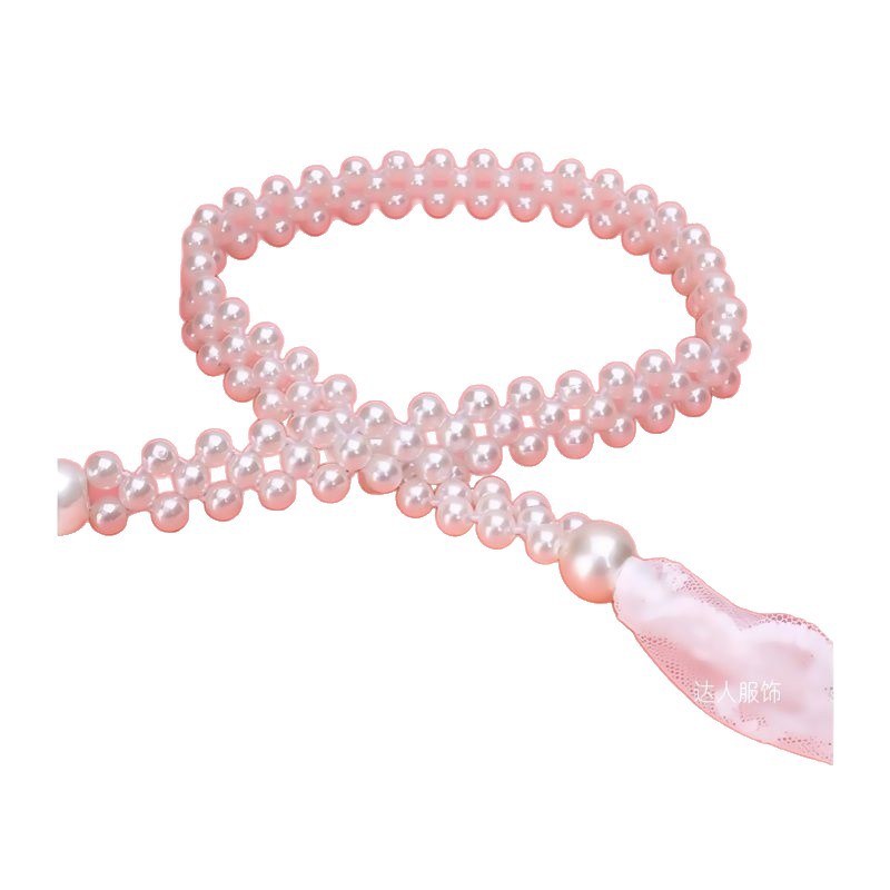 Summer White Lace Dress for Women with Bow Tie, Pearl Scarf Tie, Elastic Waist Decoration Belt