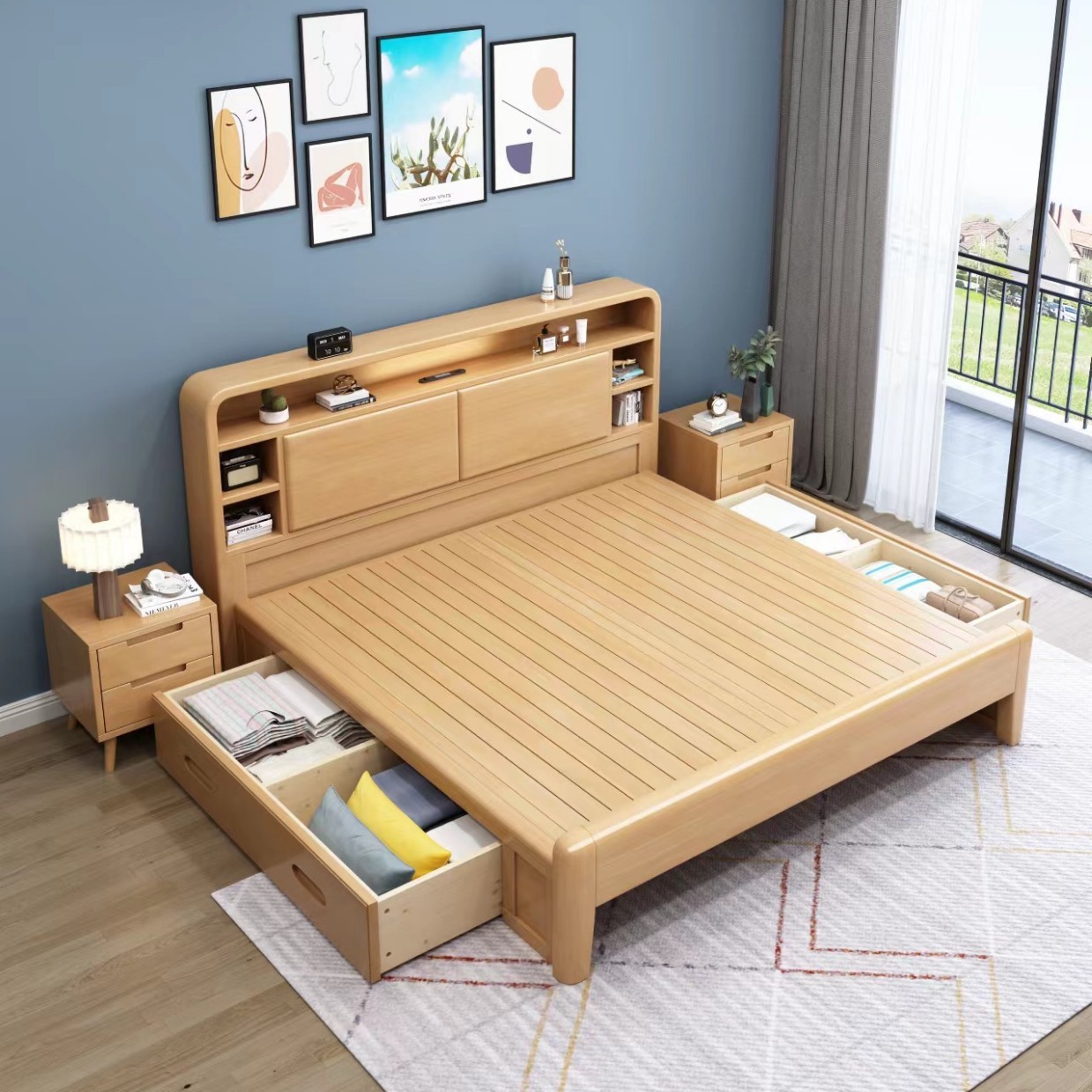 Home Bedside with Lamp Master Bedroom 1.8m Solid Wood Double Bed Hotel Modern Simple with Storage Scandinavian Solid Wood Bed