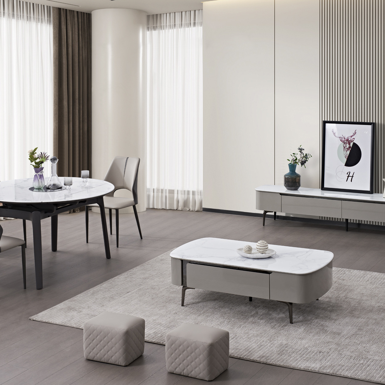 Современная простая мебель, микрокристаллический камень, круглый квадратный обеденный стол и стулья, кофейный столик, комбинация ТВ шкафа для дома