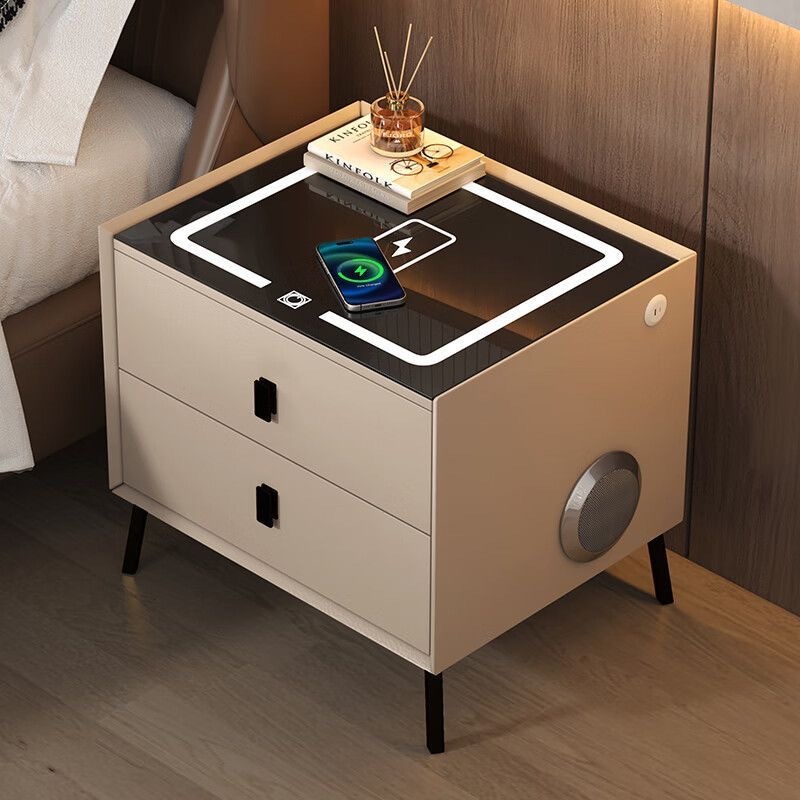 Smart Bedside Table Bedroom Bedside Small Cabinet Simple Modern Solid Wood Multifunctional Wireless Charging and Storage Cabinet with Lamp