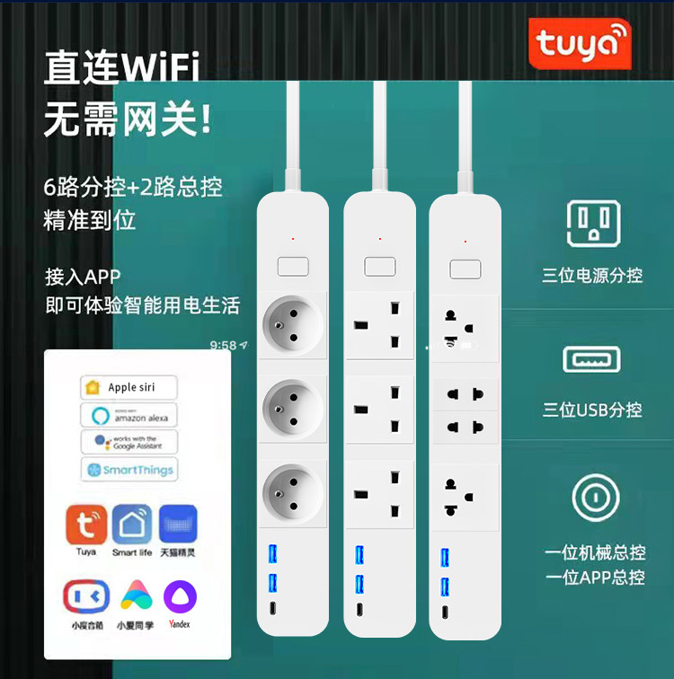 Cross-Border Tuya Us Standard Japan Thailand Philippines Smart Power Strip Sub-Control Usb/Type-C/Google/Alex