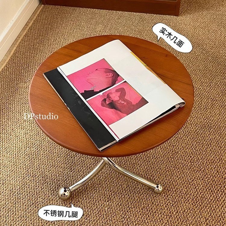 Medieval Sofa Side Table Triangle Support Vintage Cherry Wood Coffee Table Creative Round Corner Table Living Room Mini Table