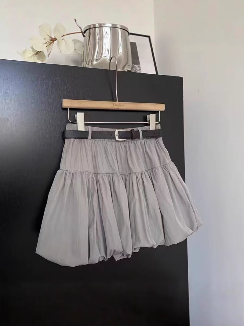 High-Waisted Slimming Anti-Exposure Black Puff Skirt with Belt for Women, 2025 Spring New Korean Versatile A-Line Short Skirt