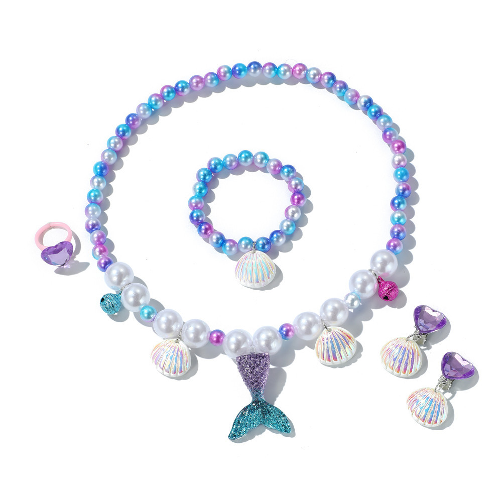 Children's Mermaid Pearl Necklace Beaded Set Dopamine Pearl Shell Cute Princess Necklace Jewelry Set