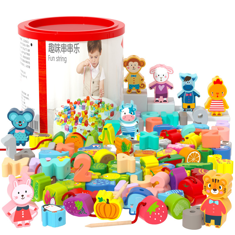 Children's wooden puzzle beaded large particle building block toy animal fruit string beaded puzzle toy 0-3