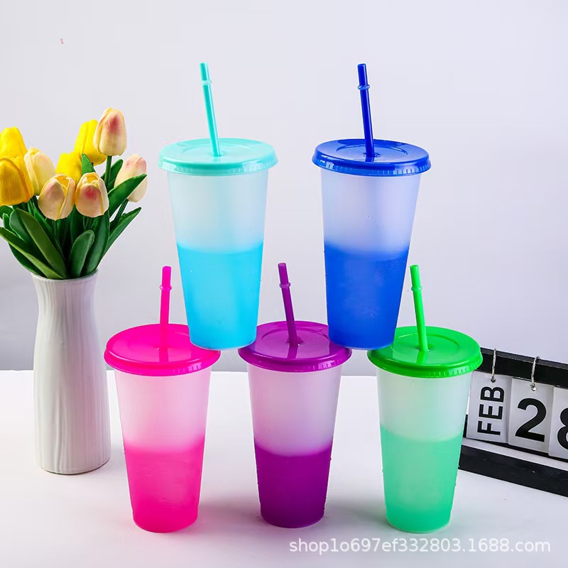 Cross-Border Popular Large-Capacity 710ml Temperature-Sensitive Cold Color-Changing Cup Fashionable Plastic Water Cup Pp Single-Layer Straw Cup