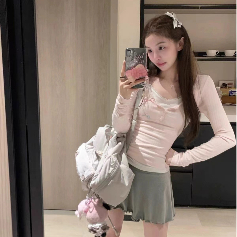 Базовая футболка с длинным рукавом Light Pink Lace Pure Desire 2025 весна новая женская облегающая