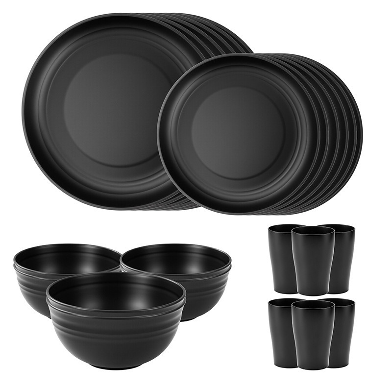 Cross-Border Wheat Straw Bowl and Plate Set, Household Dinner Plate, Soup Bowl, Water Cup, Black Tableware, 16-Piece Set, High-End Tableware