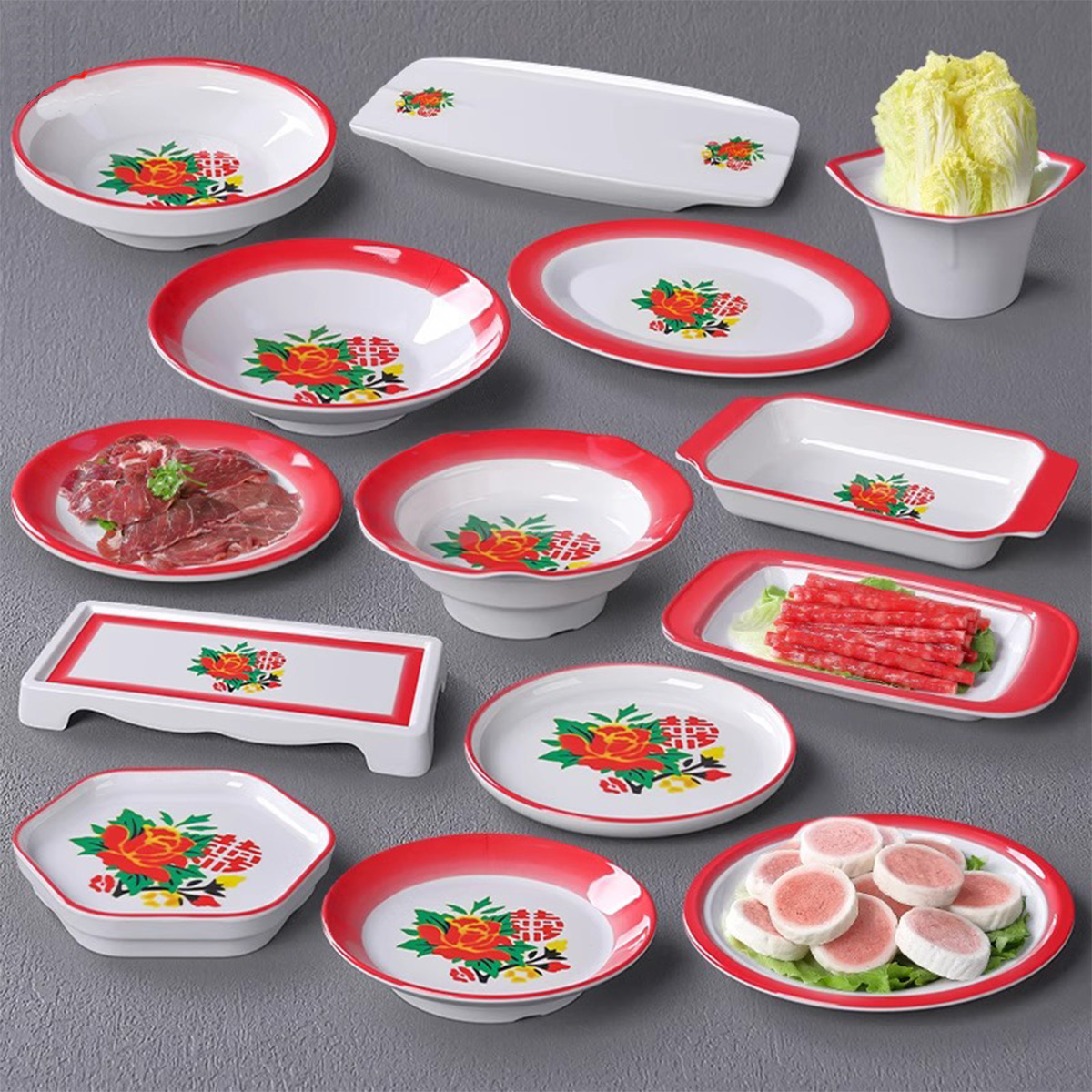 Double Happiness Melamine Preparation Plate Set for Hot Pot, Retro Vintage Street Stall Dish for Commercial Use