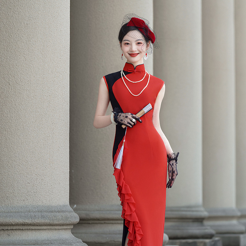 Новое улучшенное винтажное платье чунцзян с рюшами, длинное платье чунцзян старого Шанхая, элегантное, слимы, молодое платье 2025