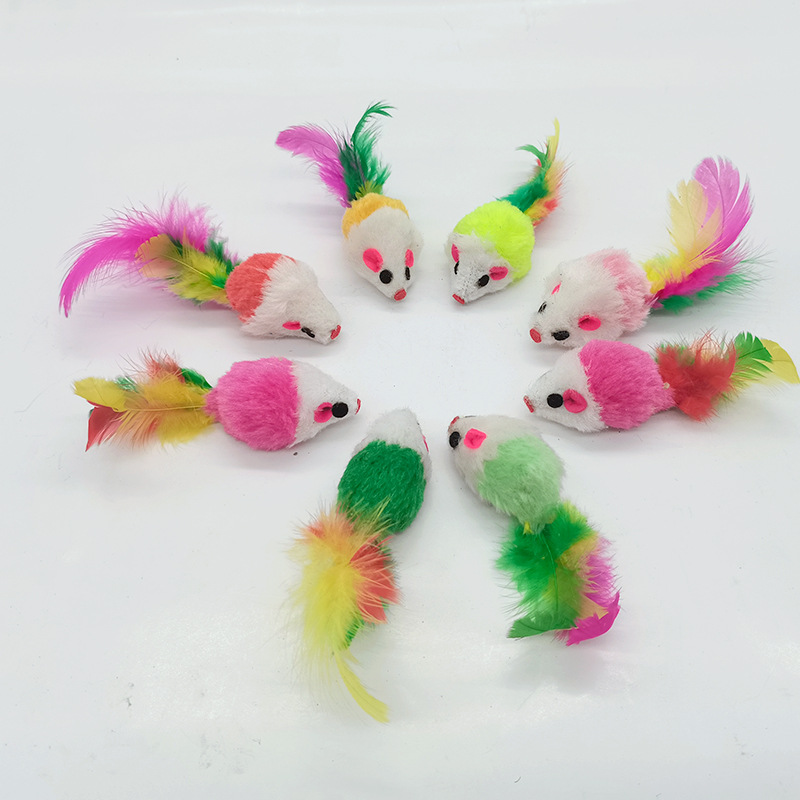 Factory supply Cat plush mouse toy colorful feather tail simulation mouse funny cat toy plush toy