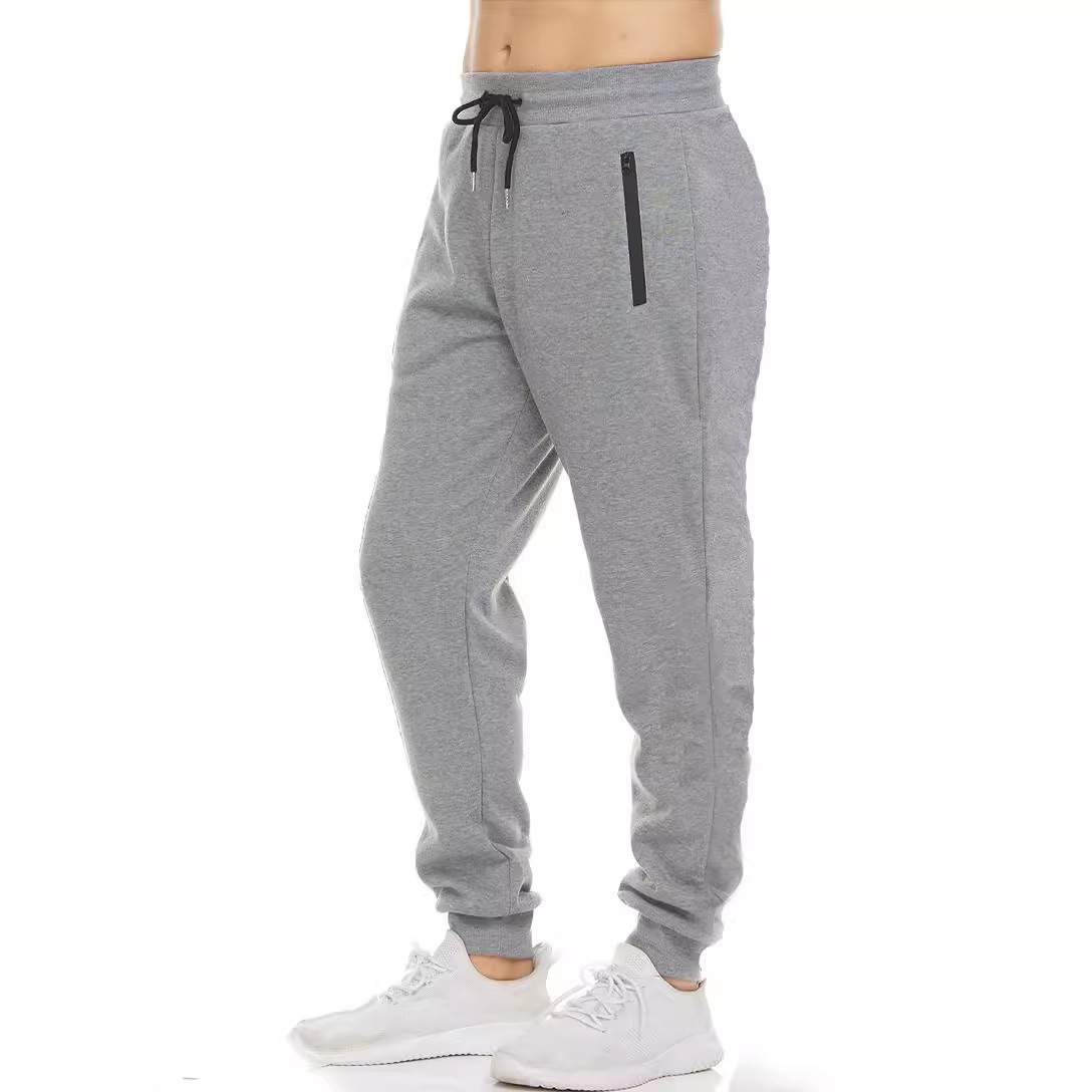 Amazon European Explosions Sports Casual Pants Cross-border Men's Zipper Fleece Thickened Fitness Running Solid Color Sweat Pants