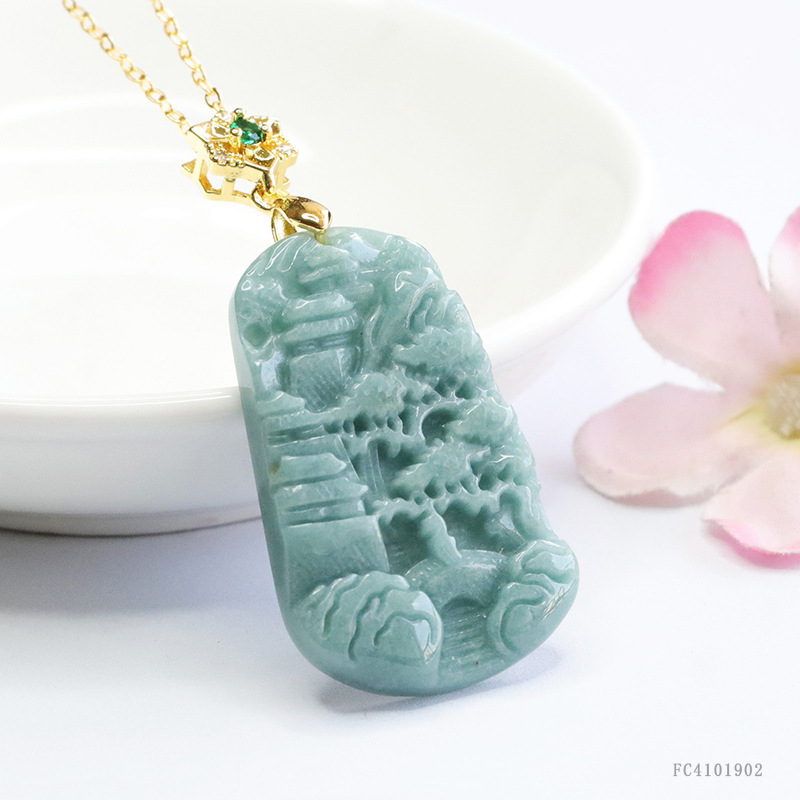 Juyu Natural A Jade Blue Water Landscape Brand Jade Pendant Necklace Guofeng Jewelry Wholesale FC4101902