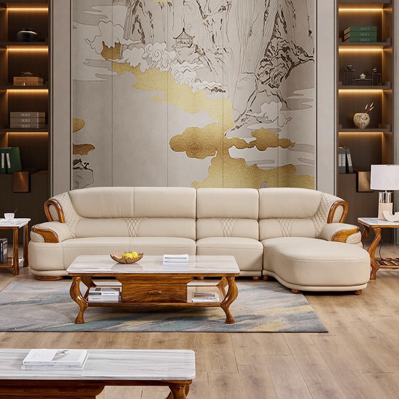 New Chinese style ebony leather sofa combination solid wood large and small apartment luxury living room light luxury villa furniture