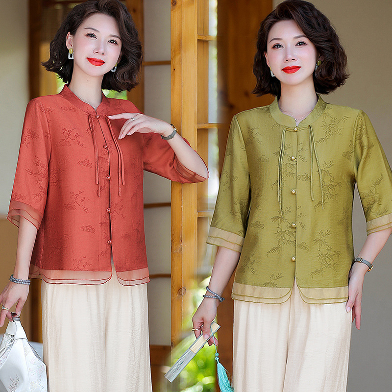 Mother's Summer Dress 2025 New suit Women's Middle-aged and Elderly Guofeng Small Shirt Summer Dame Printed New Chinese Top