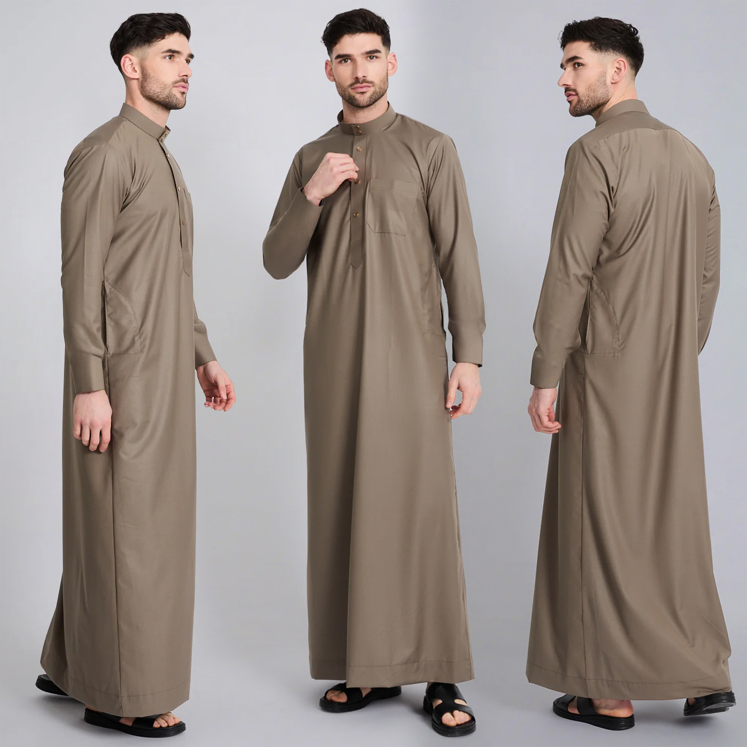 Cross border polyester men's robe Qatar stand collar robe pocket design Arab Middle East men's in stock wholesale