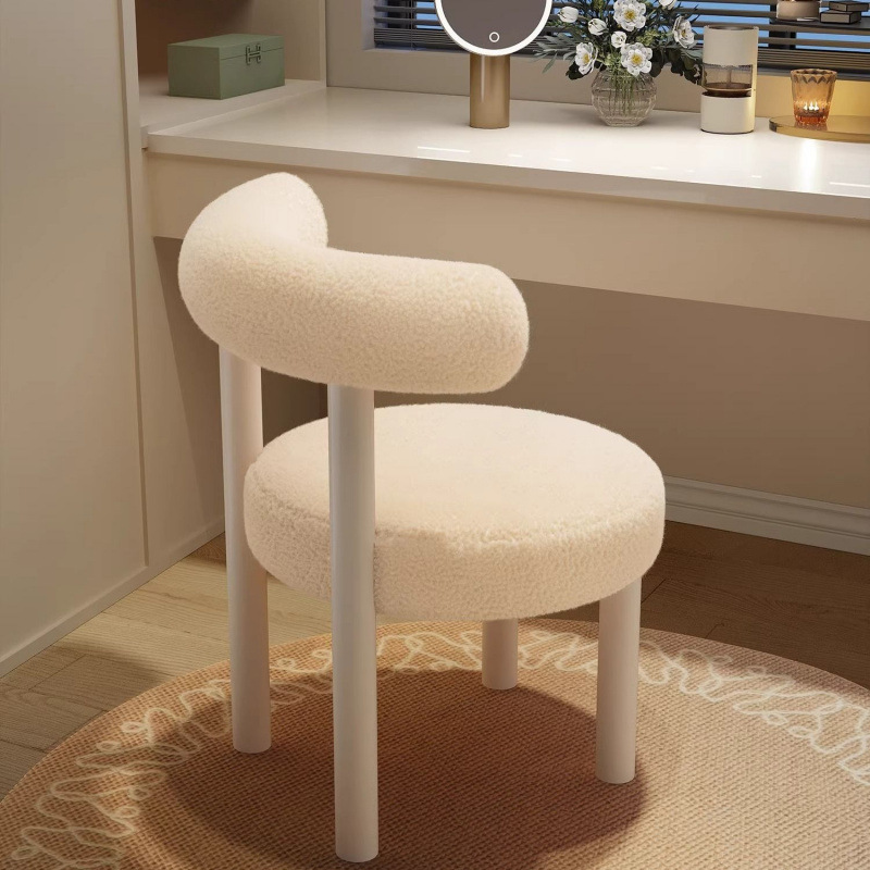 Trendy Makeup Chair Dressing Table Stool for Girls' Bedroom, High-End Dining Chair, Sherpa Plush Chubby Cream Style Makeup Stool