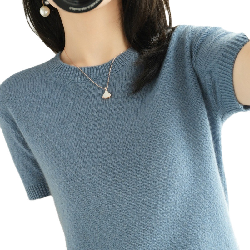 Pullover Sweater Women's Non-cashmere Crewneck Short-sleeved Loose T-shirt Inner Knit Sweater Base Spring and Autumn Short Top