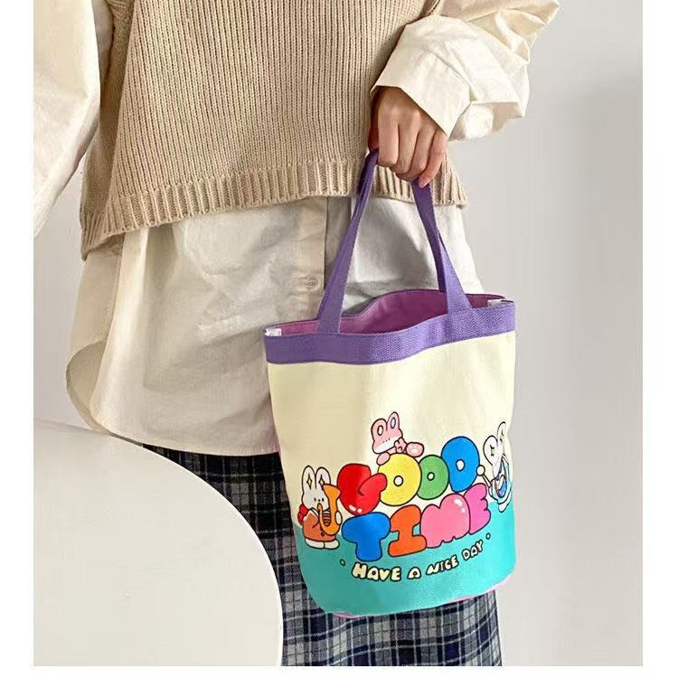 Cute Graffiti Canvas Bucket Bag Children's Fun Illustration Portable Mommy Storage Bag Student Handbag Work Lunch Bag