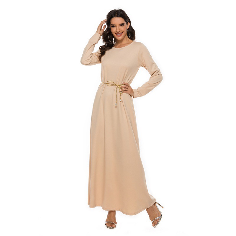 Cross-border New Muslim Ceremony Dress Basic Long-sleeved Inner Round Neck Dress Middle East Robe tiktok