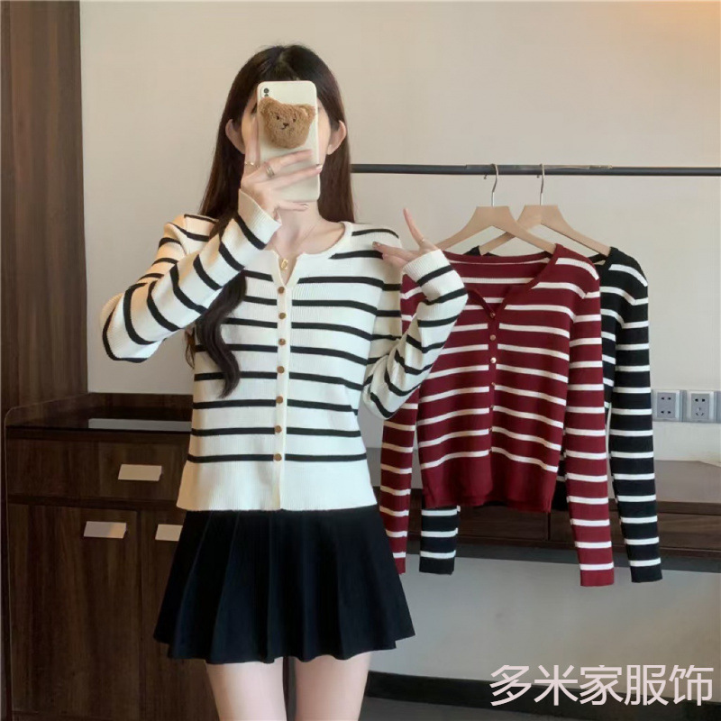 Ранняя осень новый контрастный цвет полосатый V-образный вырез пуловер сексуальный женский универсальный трикотажный свободный стройнящий асимметричный топ