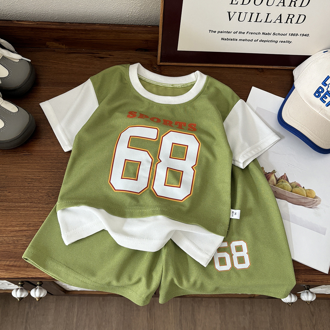 Summer Children's Short-sleeved Shorts suit Boys Casual Sports suit Boys Loose Jersey Fake Two-piece Set