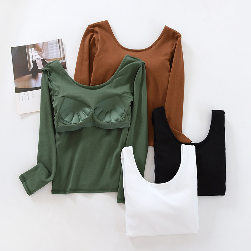 Длинный рукав, однотонная футболка с нагрудной подушечкой, хлопок, женский топ, U-образный вырез, весна-осень, внутренняя и внешняя одежда