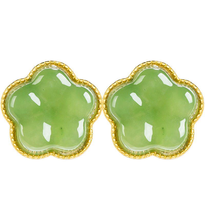 Spinach green natural old material Hetian jade jasper peach blossom earrings women's genuine goods S925 silver jade earrings wholesale
