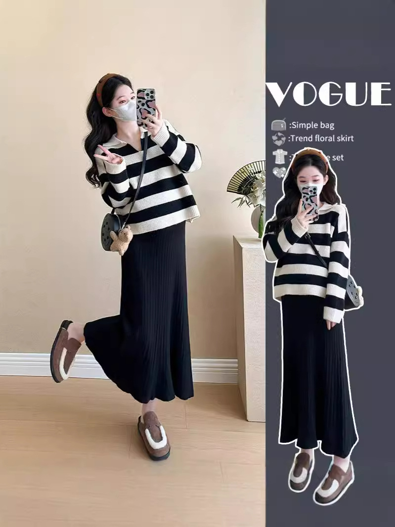 Платье для беременных осень Новая мода корейский стиль полосатый V-образный вырез вязаный свитер элегантная облегающая юбка