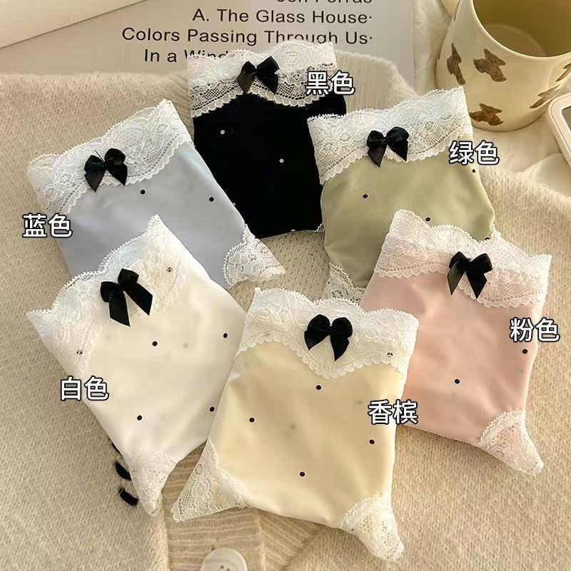 French Retro Style Pure Desire Lace Girl's Polo Dot Briefs Ice Silk Underwear Women's Pure Cotton Crotch Bow Women