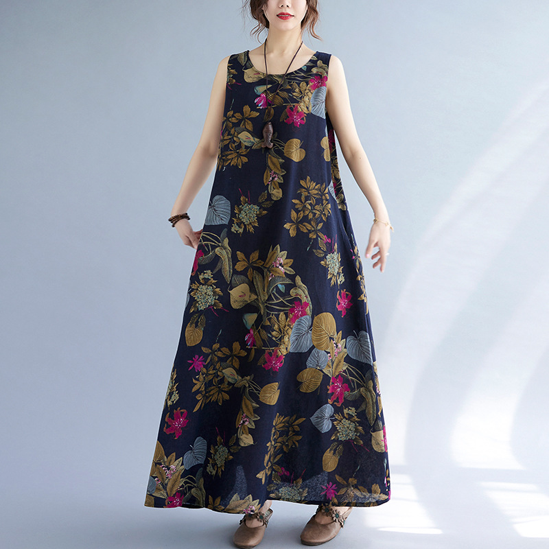 Long Dress plus size Women's Summer Vintage Ethnic Style Loose Printed Sleeveless Cotton Linen Long Pullover Vest dress
