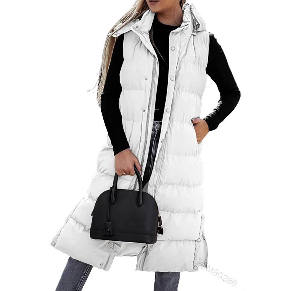 Cross-Border 2023 European and American Pure Color Mid-Length Vest Hooded Top Women's Casual Fashion Zipper Single-Breasted Jacket