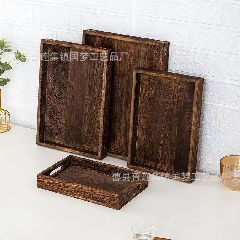 New Paulownia Wooden Tea Tray Creative Retro Wooden Tray Charcoal Burnt Paulownia Fruit Bread Wooden Tray