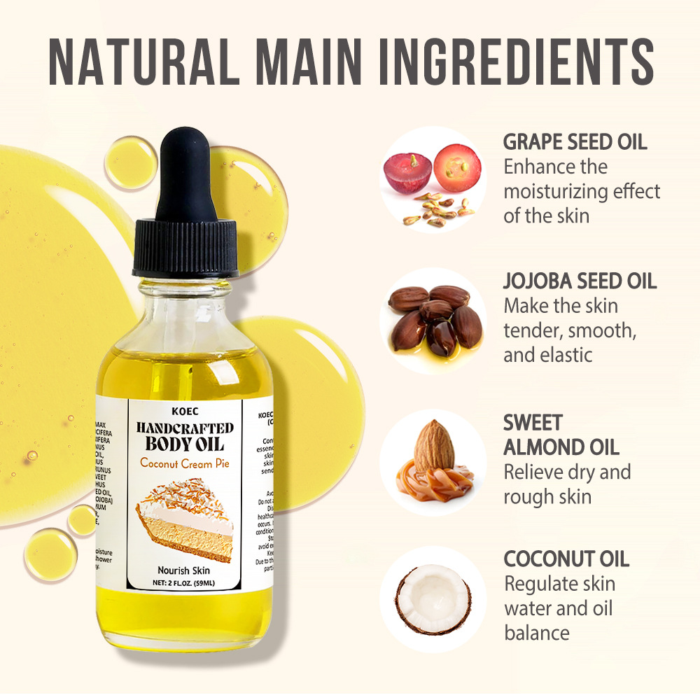 KOEC Coconut Pie Moisturizing Body Oil Body Nourishing Moisturizing Care Massage Essential Oil English Cross Border Wholesale FDA