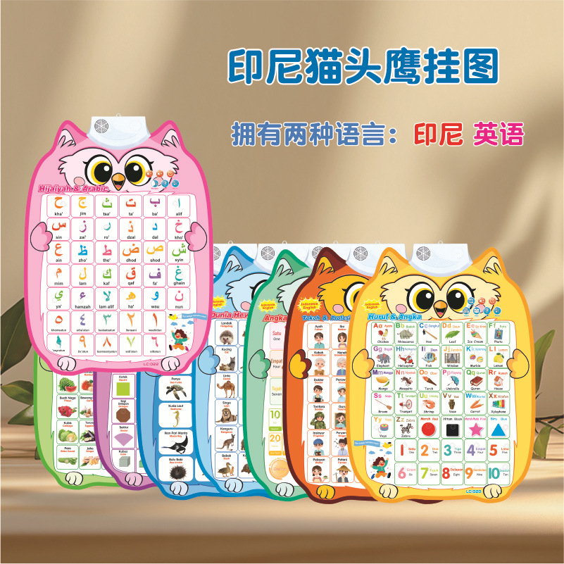 Настенный плакат с аудио на индонезийском языке Раннее обучение для детей Чтение и произношение Литературная сова Настенные игрушки