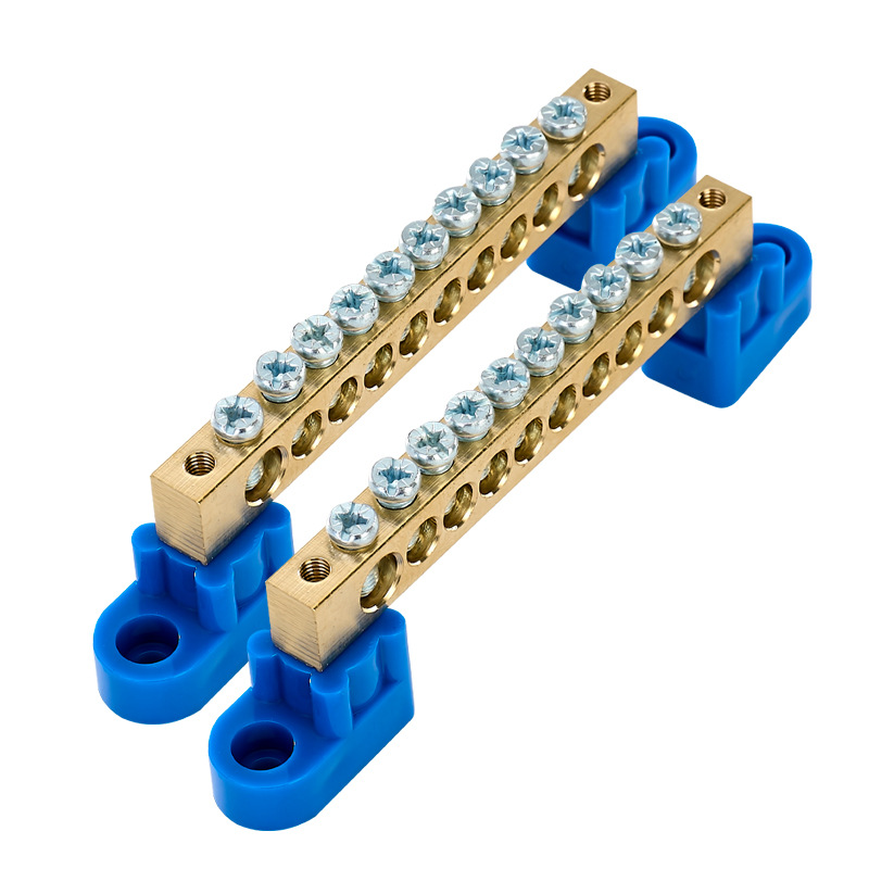 2-Sided Terminal Block with Ground Wire, Pure Copper Distribution Box Terminal Block, Wiring Terminal Block, 8*128 Holes, 10-Hole Bridge Type Copper Parts, Blue Pins