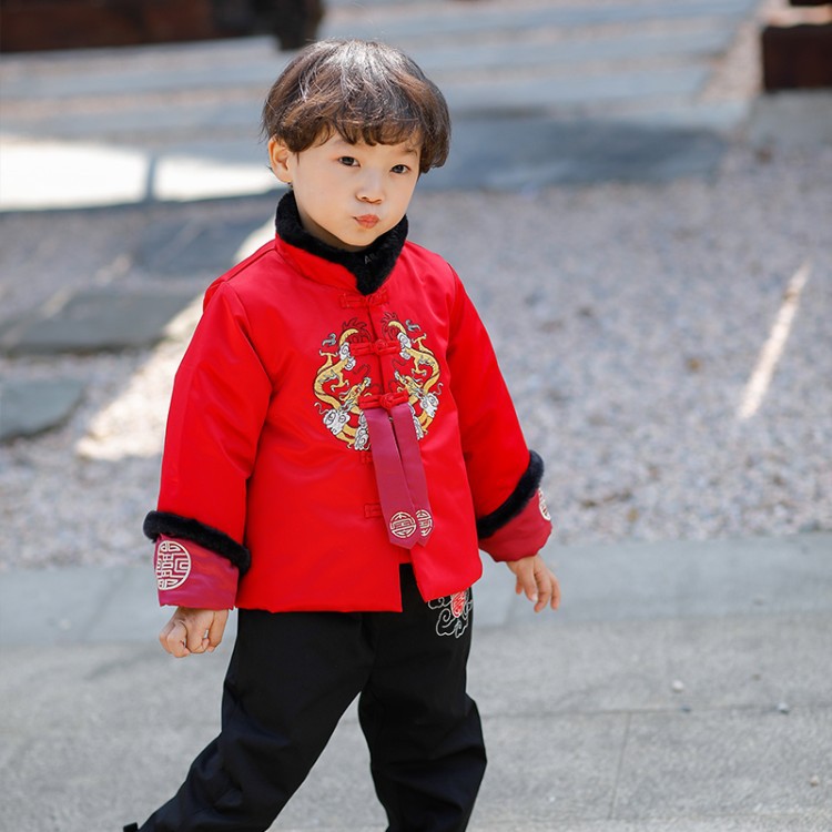 Children's Cotton Hanfu Suit Chinese Style Winter Tang Suit Wool Collar Thickened New Style Cotton Clothes Two-piece Set for Boys and Girls