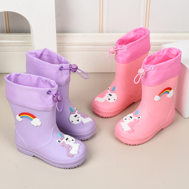 Cross-Border Ready-Made Children's Rain Boots for Girls, Velvet-Lined Boys' Non-Slip Water Shoes, Four-Season Cartoon Cute Rain Boots for Children