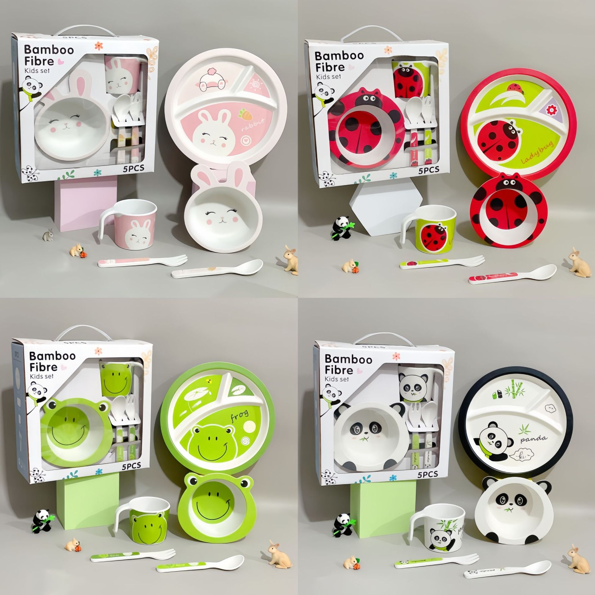 Набор детской посуды из бамбукового волокна: креативная мультяшная миска, разделенная тарелка, ложка, вилка, чашка