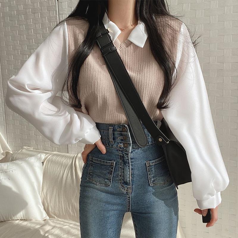 2025 Plus Size Fat Girl Fake Two-Piece T-Shirt Women's Patchwork Polo Collar Long Sleeve Sweatshirt Ribbed Loose Versatile Top
