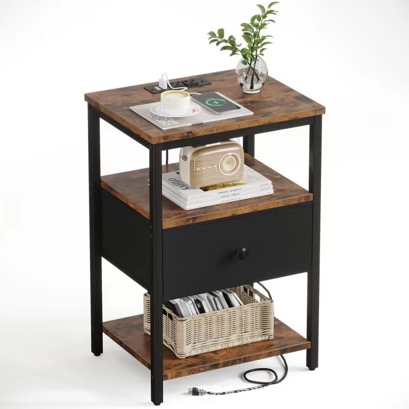 Iron-wood Combination Retro Bedside Table with Drawer Rechargeable Household Bedside Storage Side Table Bedroom Storage Locker